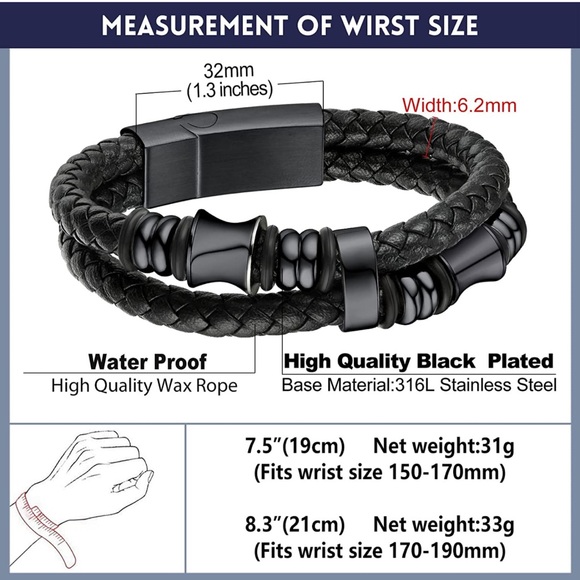 bandmax Double Row Black Braided Leather Wristband Beaded Layer Leather Cord - Picture 4 of 6